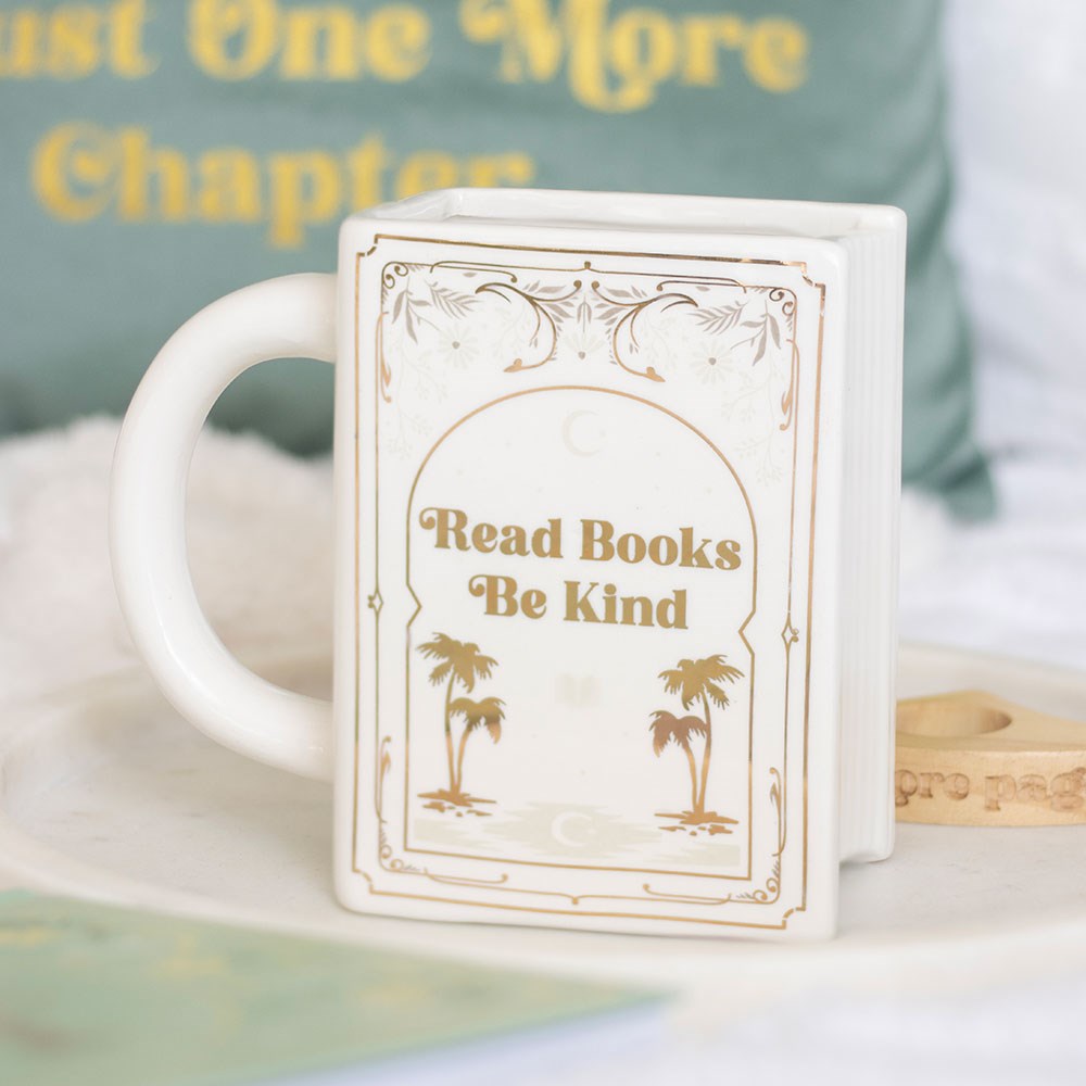 "Read Books Be Kind" White Book-Shaped Mug (450ml)