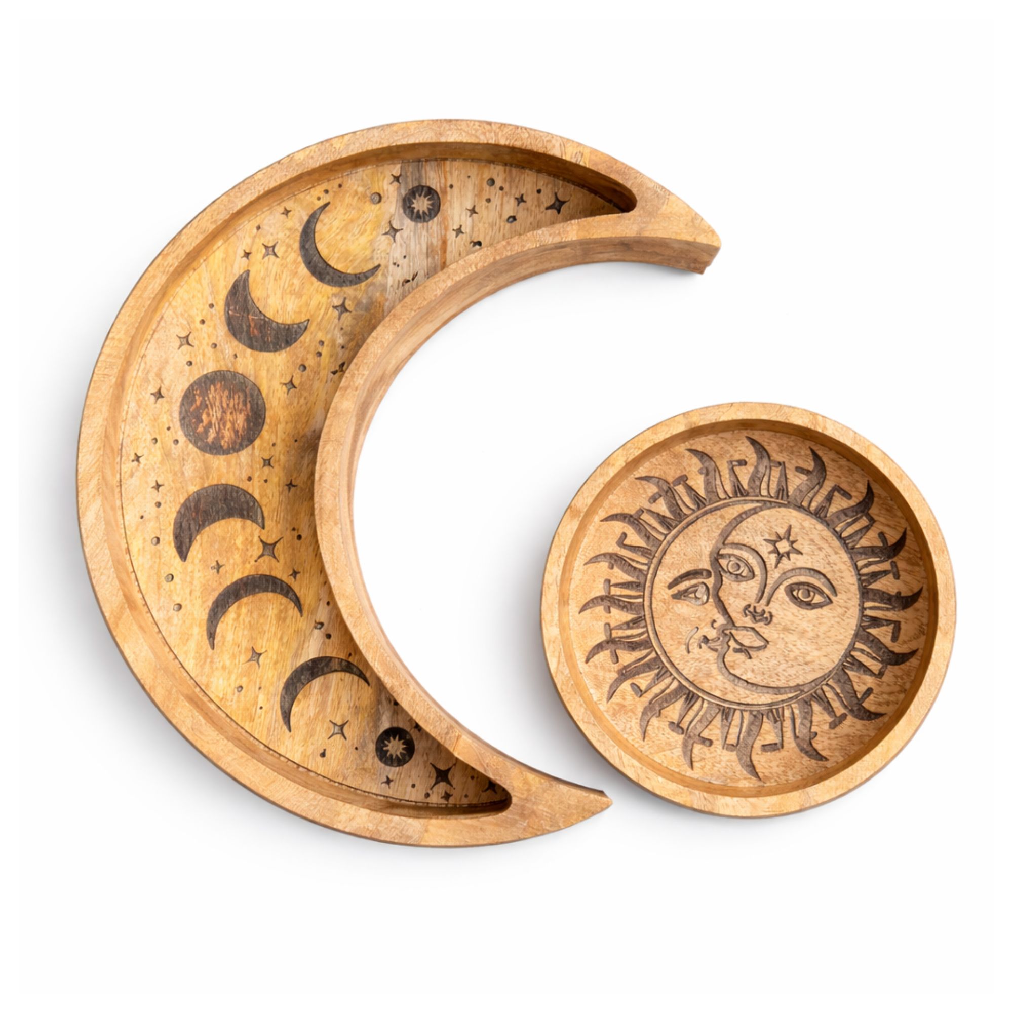 Celestial Sun & Crescent Moon Mango Wood Nesting Tray Set1