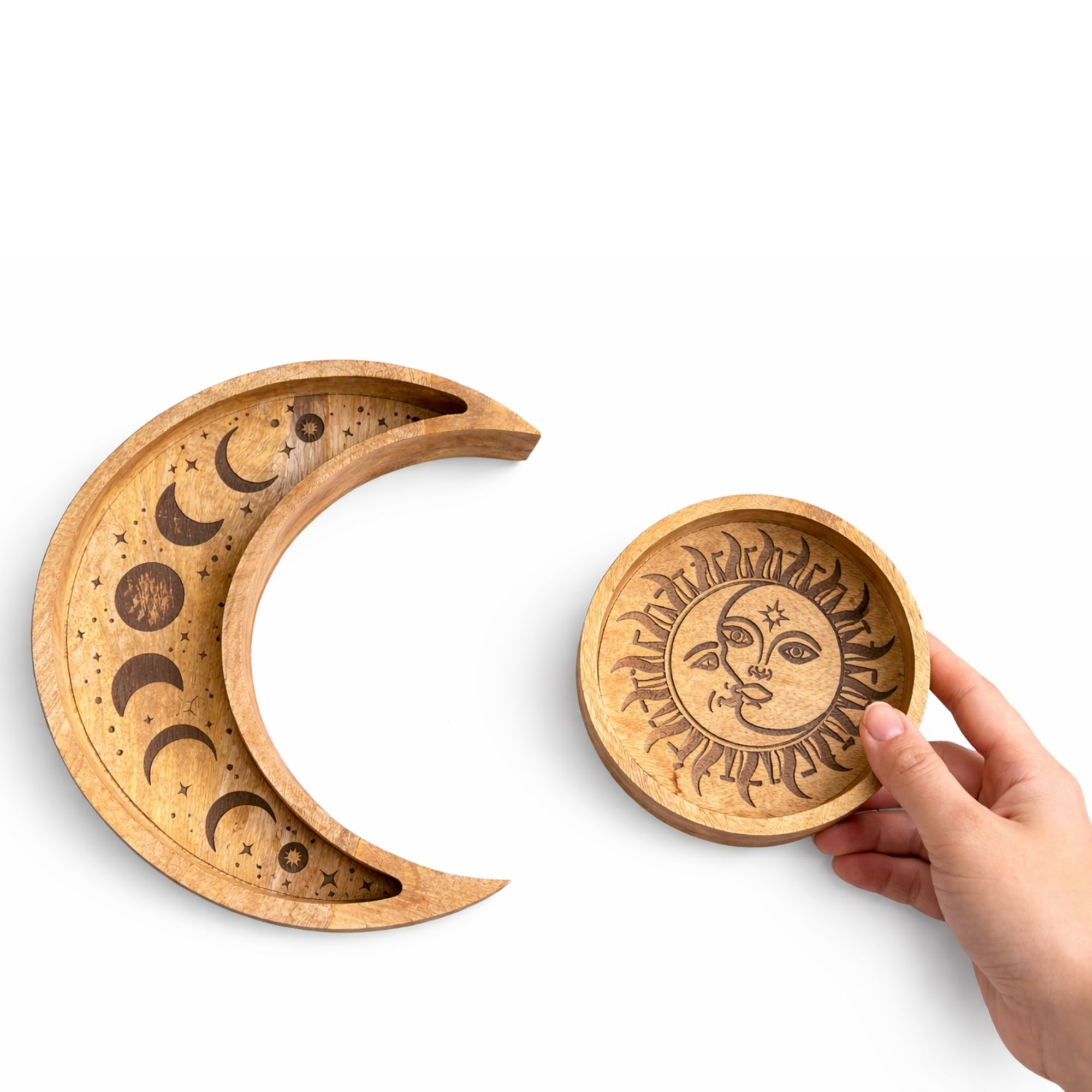 Celestial Sun & Crescent Moon Mango Wood Nesting Tray Set2