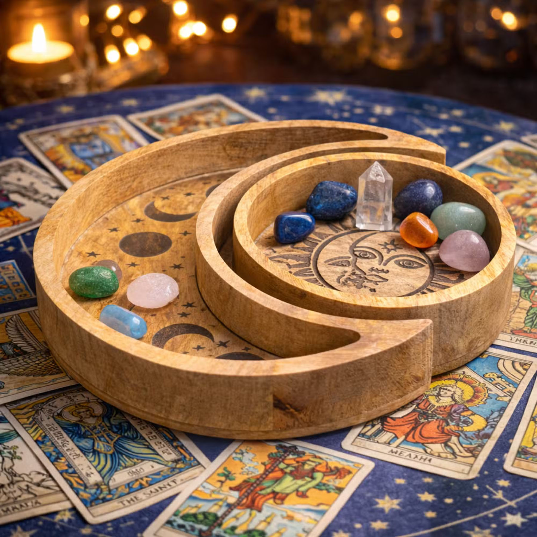 Celestial Sun & Crescent Moon Mango Wood Nesting Tray Set4