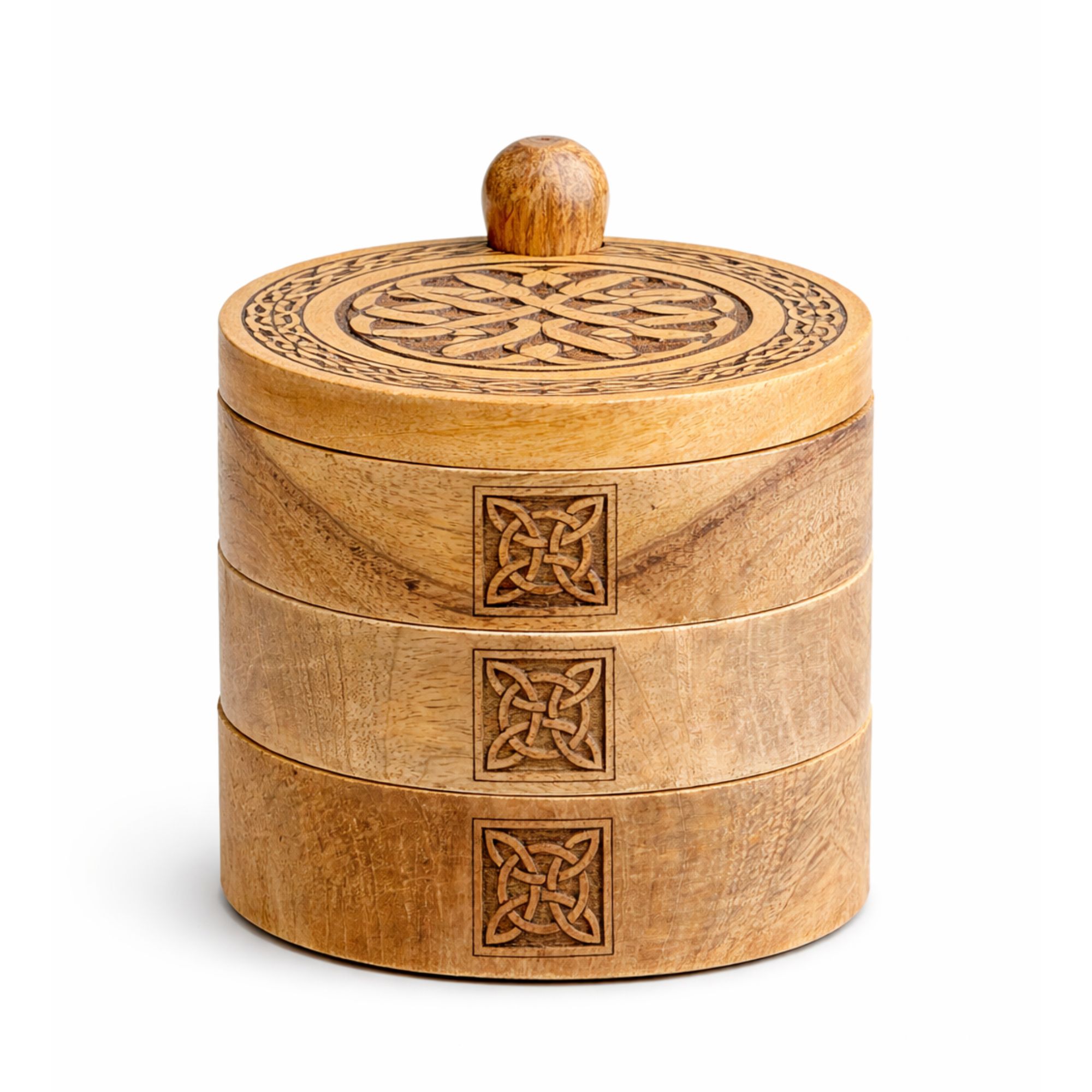 Celtic Carved Mango Wood 3-Tier Revolving Storage Box