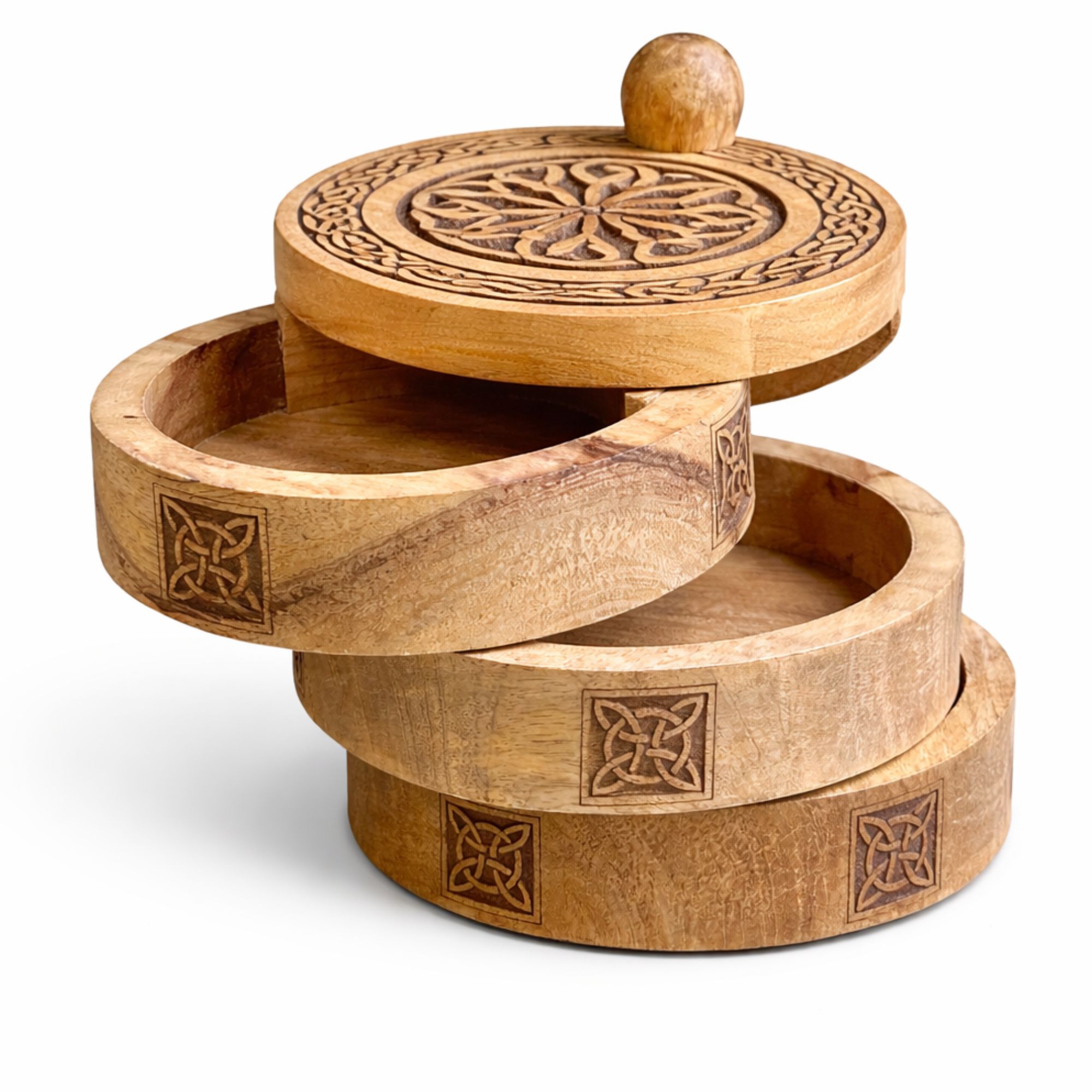 Celtic Carved Mango Wood 3-Tier Revolving Storage Box1