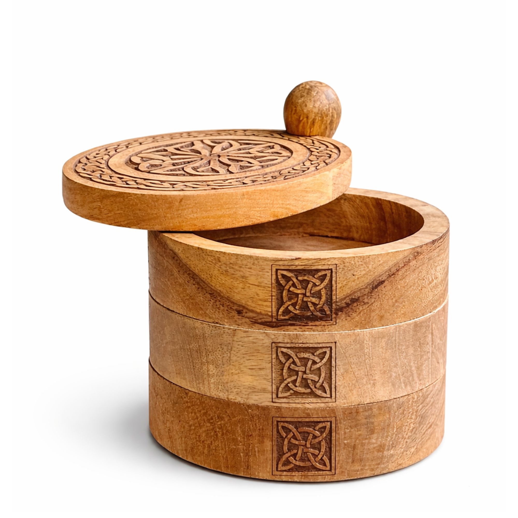 Celtic Carved Mango Wood 3-Tier Revolving Storage Box2