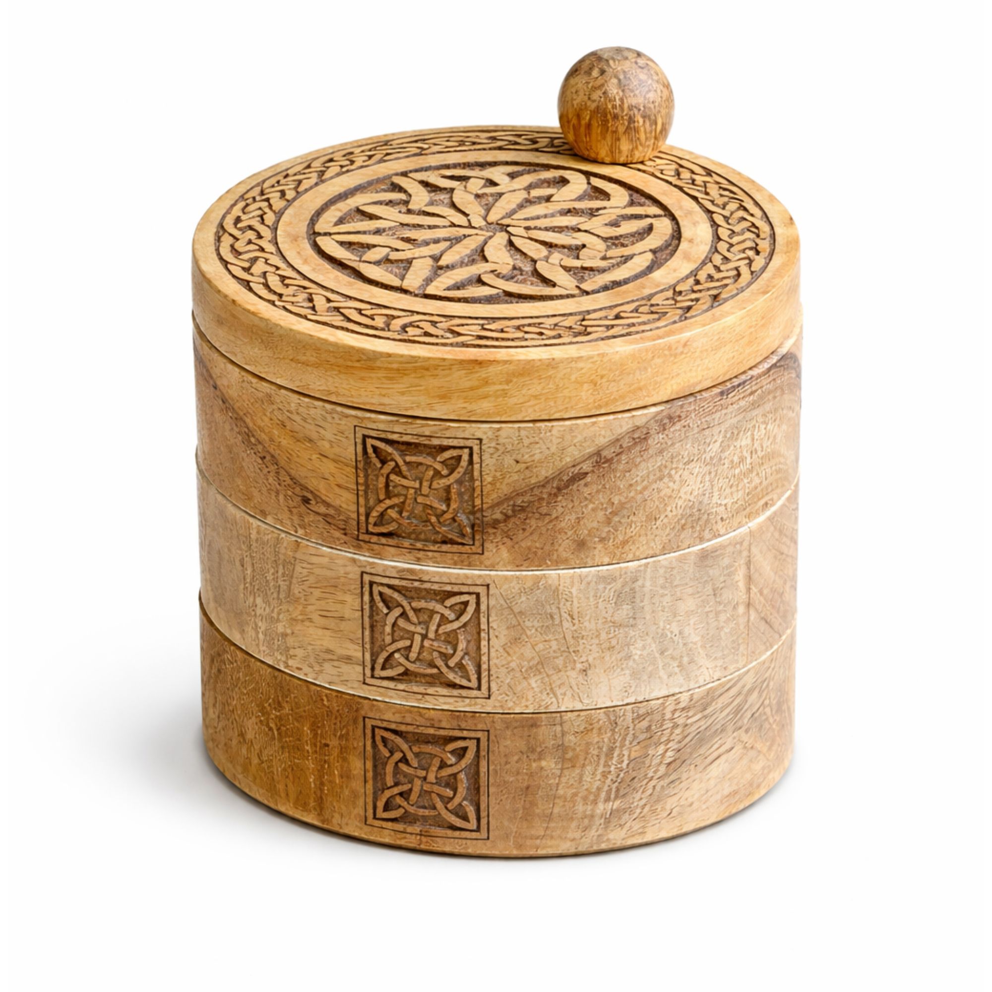 Celtic Carved Mango Wood 3-Tier Revolving Storage Box3