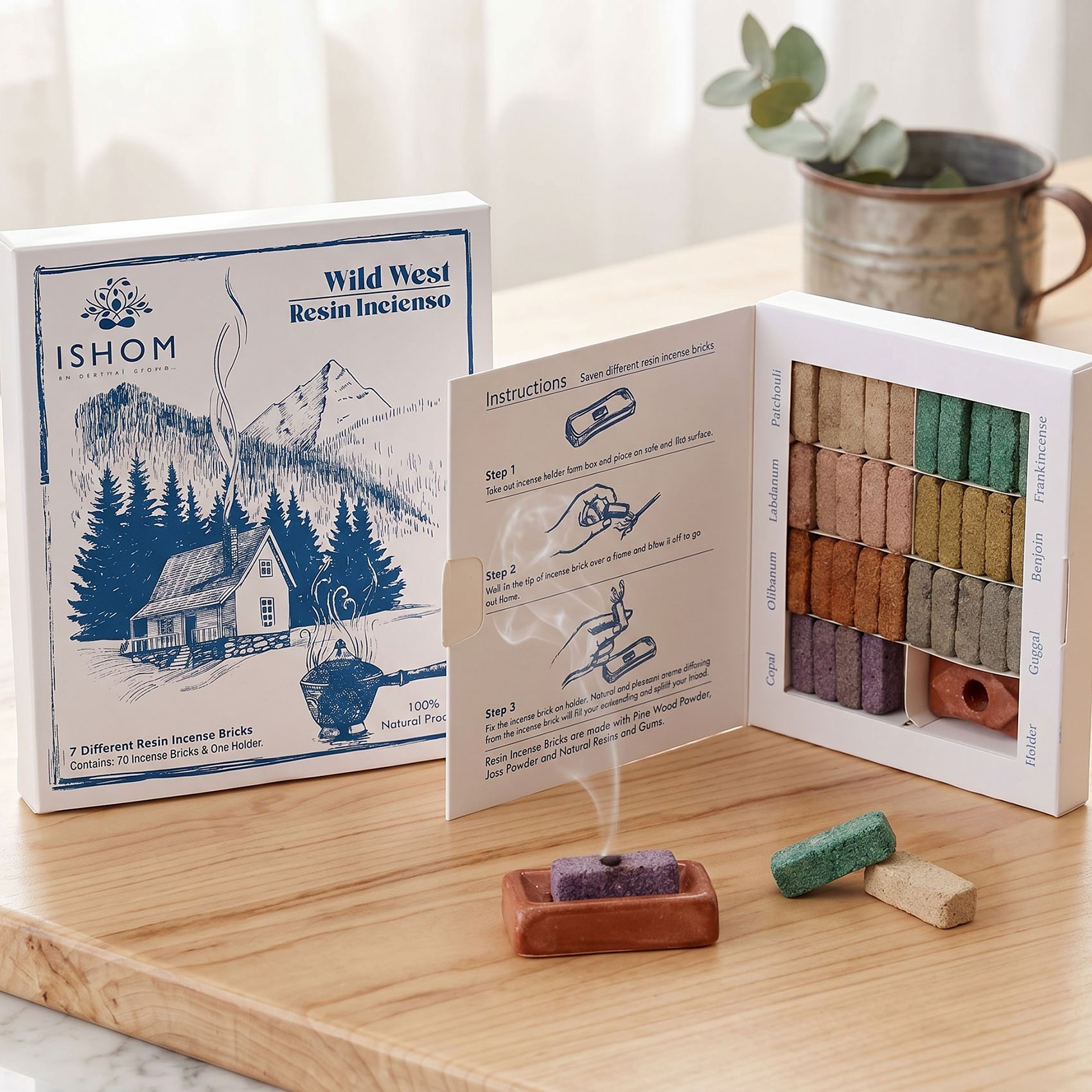 Ishom Wild West Resin Incense Bricks Set (70 Pieces) & Burner