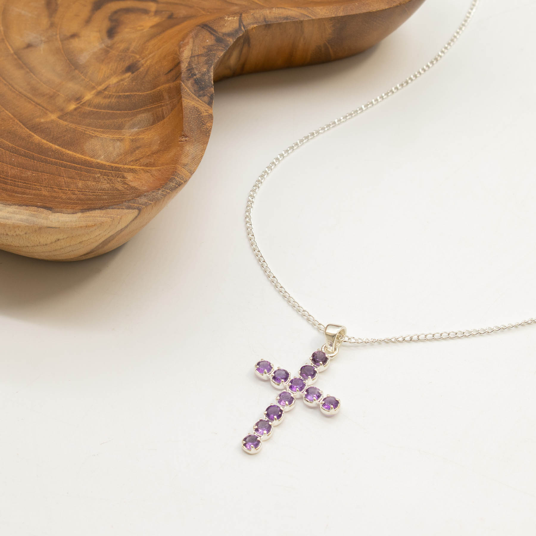 Natural Amethyst Cross Pendant with 45cm Silver-Plated Chain2