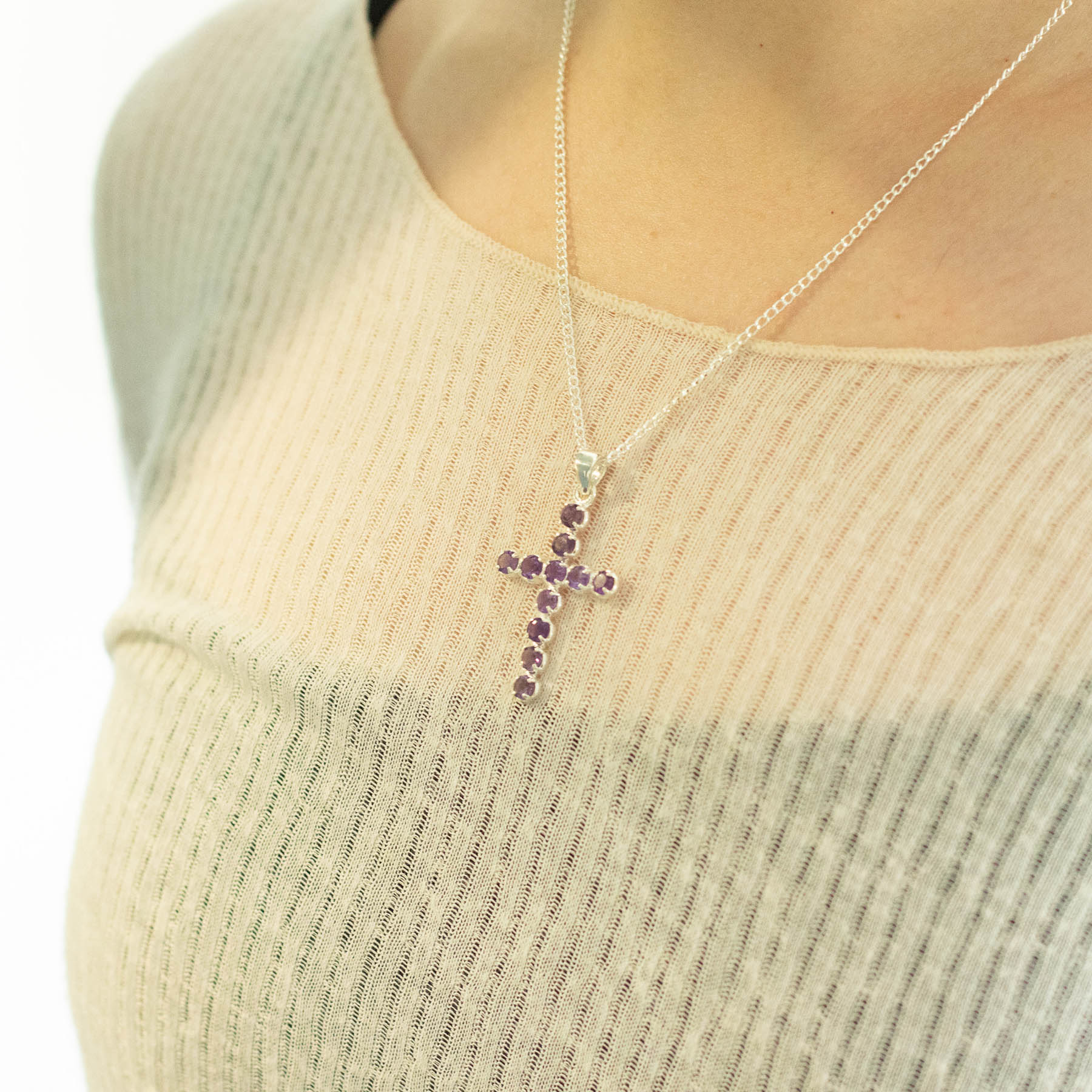 Natural Amethyst Cross Pendant with 45cm Silver-Plated Chain4