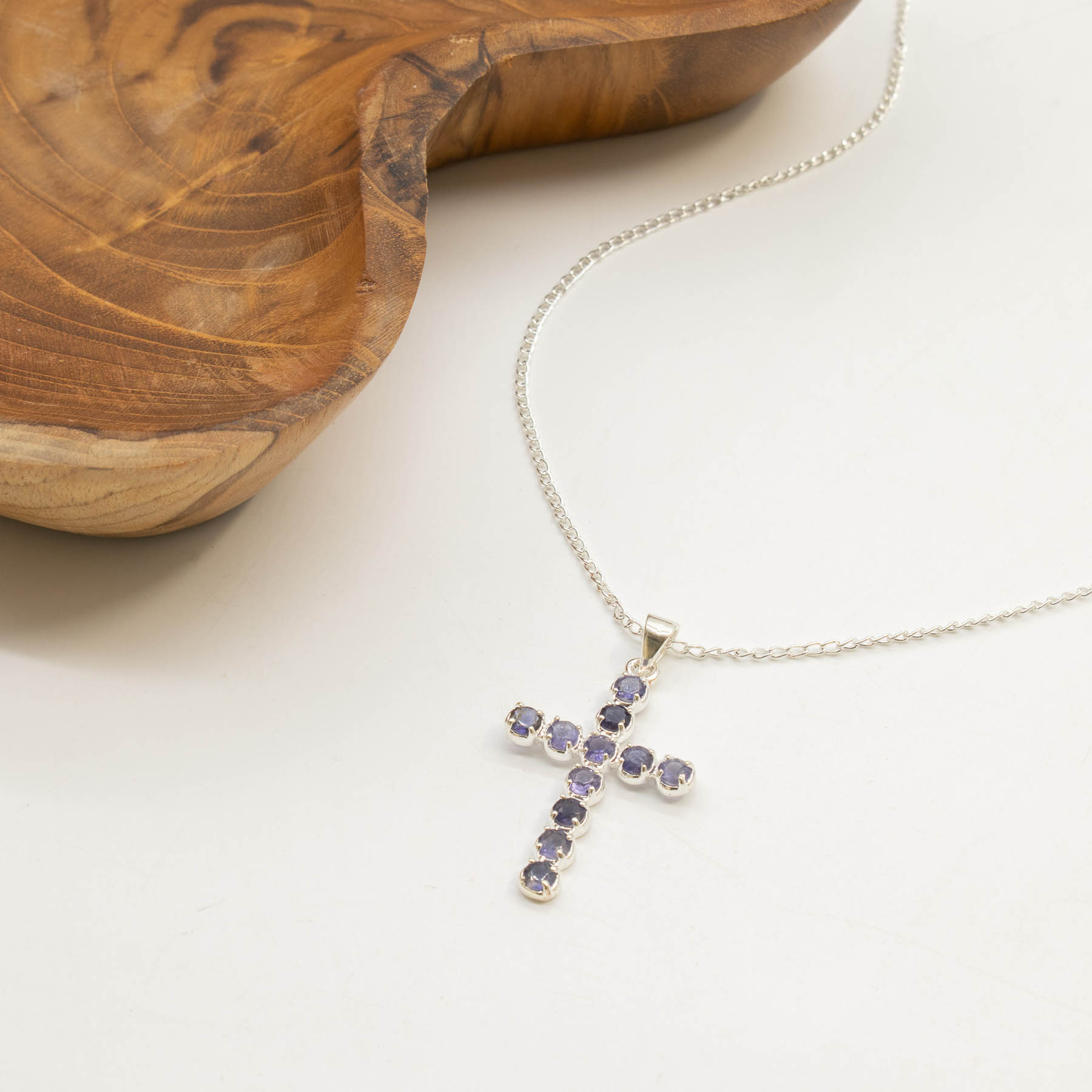 Natural Iolite Cross Pendant with 45cm Silver-Plated Chain2
