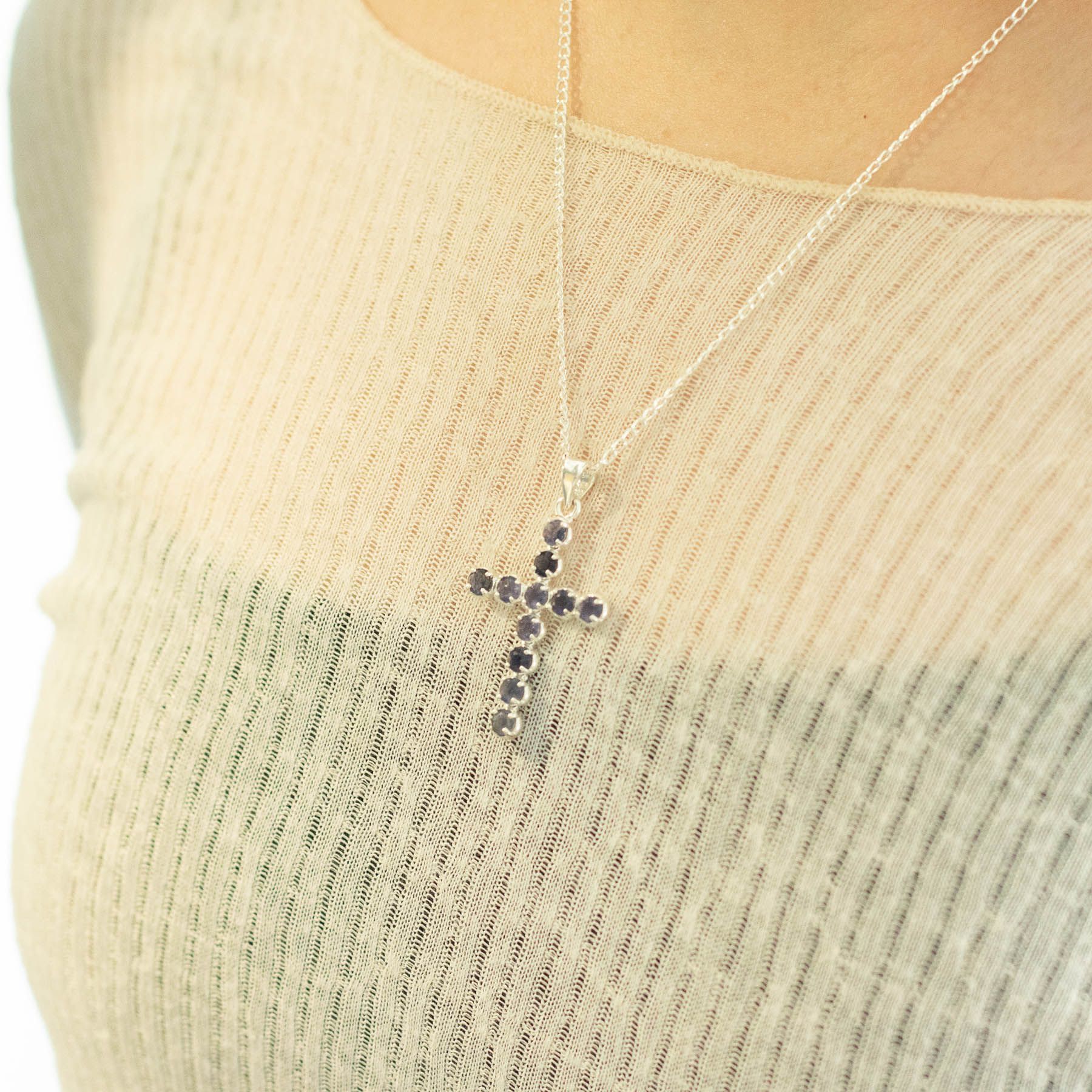 Natural Iolite Cross Pendant with 45cm Silver-Plated Chain4