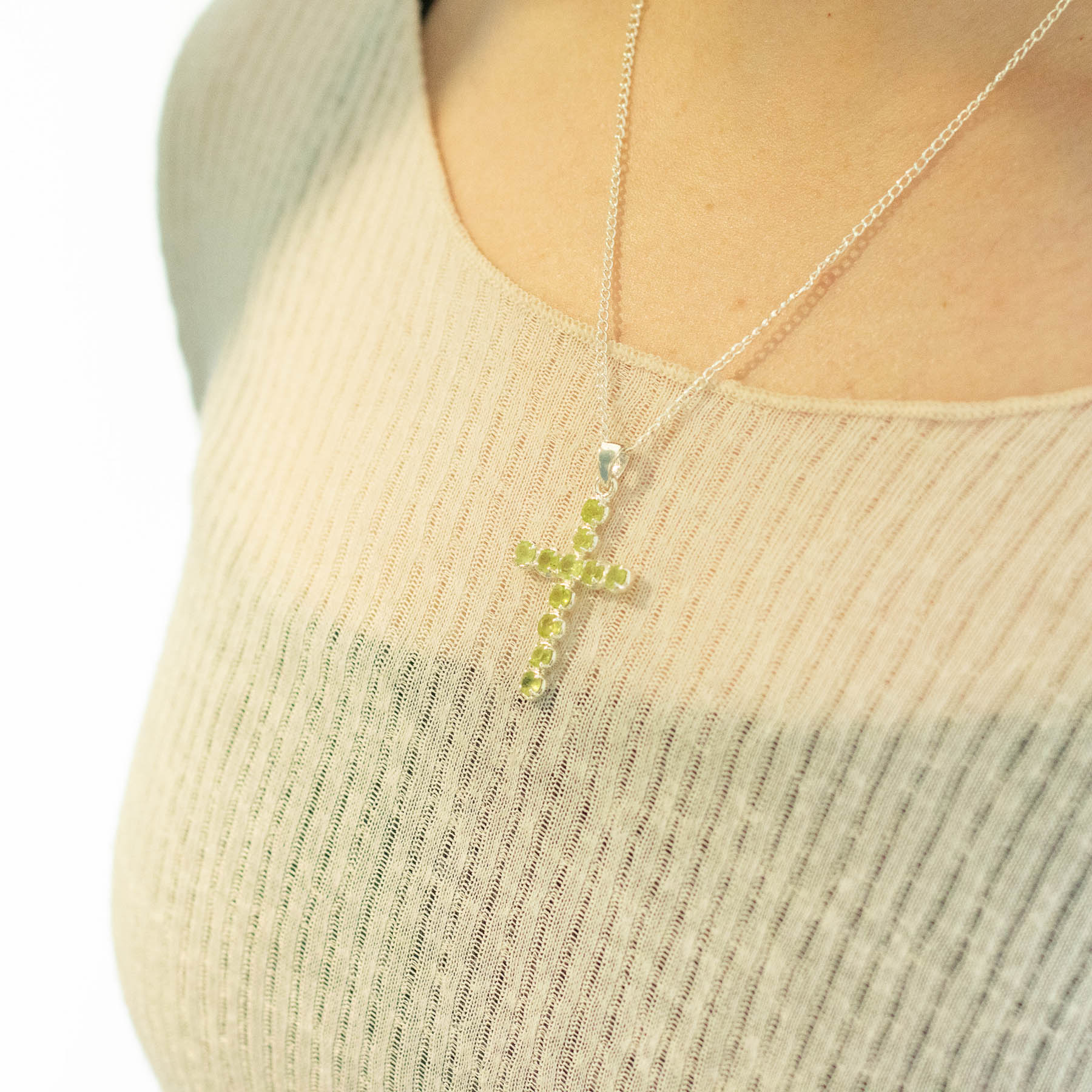 Natural Peridot Cross Pendant with 45cm Silver-Plated Chain4