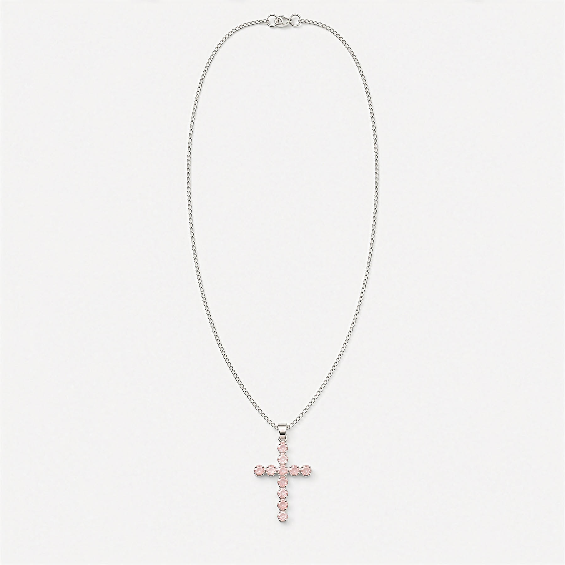 Natural Rose Quartz Cross Pendant with 45cm Silver-Plated Chain