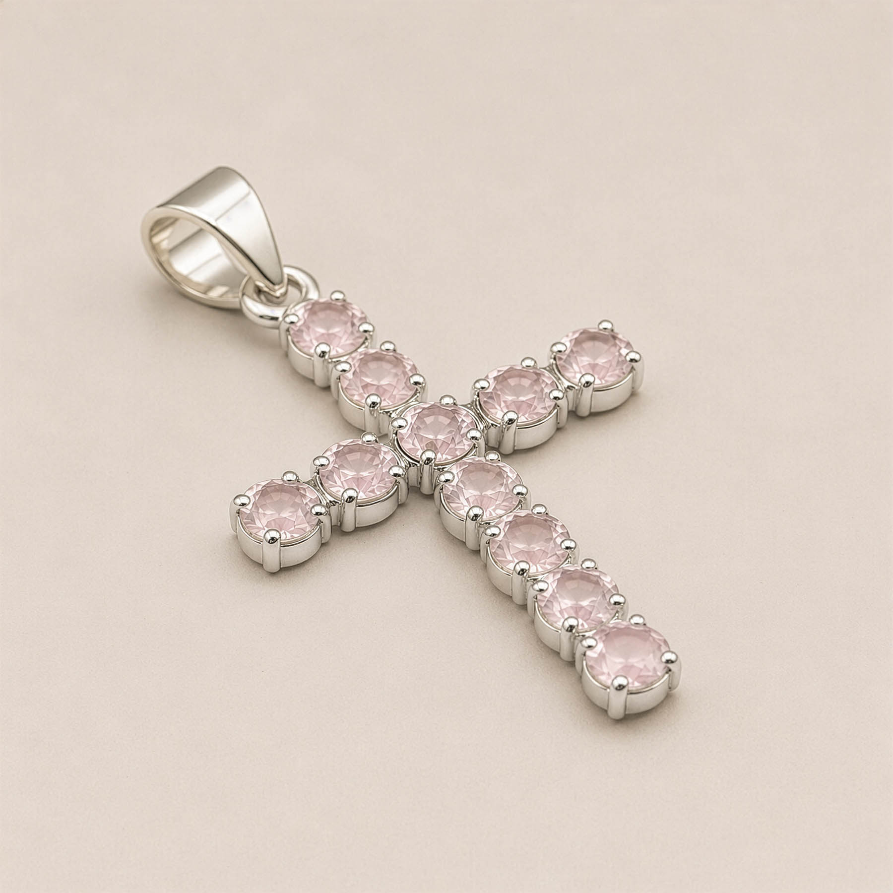 Natural Rose Quartz Cross Pendant with 45cm Silver-Plated Chain1