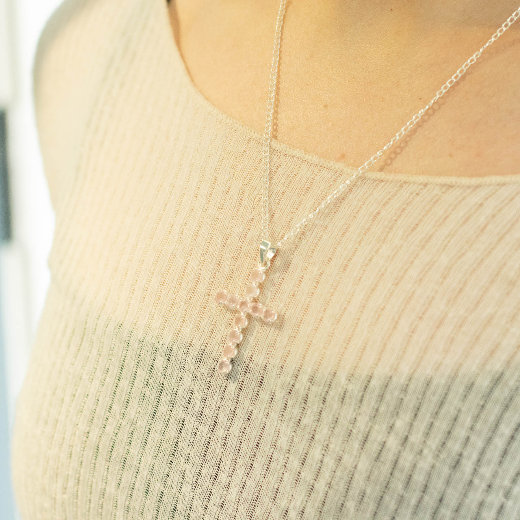 Natural Rose Quartz Cross Pendant with 45cm Silver-Plated Chain4