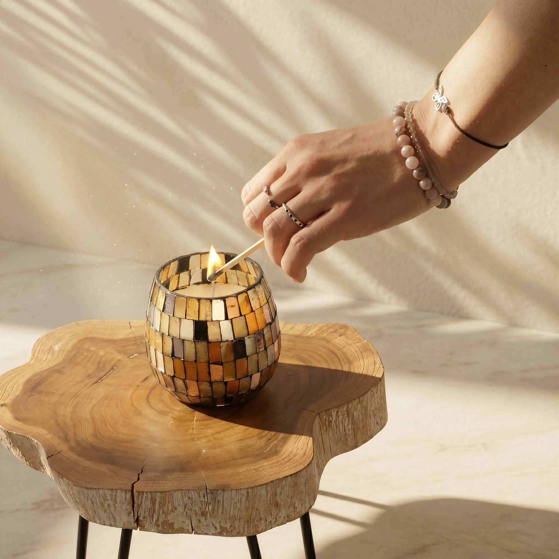 Small Amber Mosaic Glass Jar Candle4