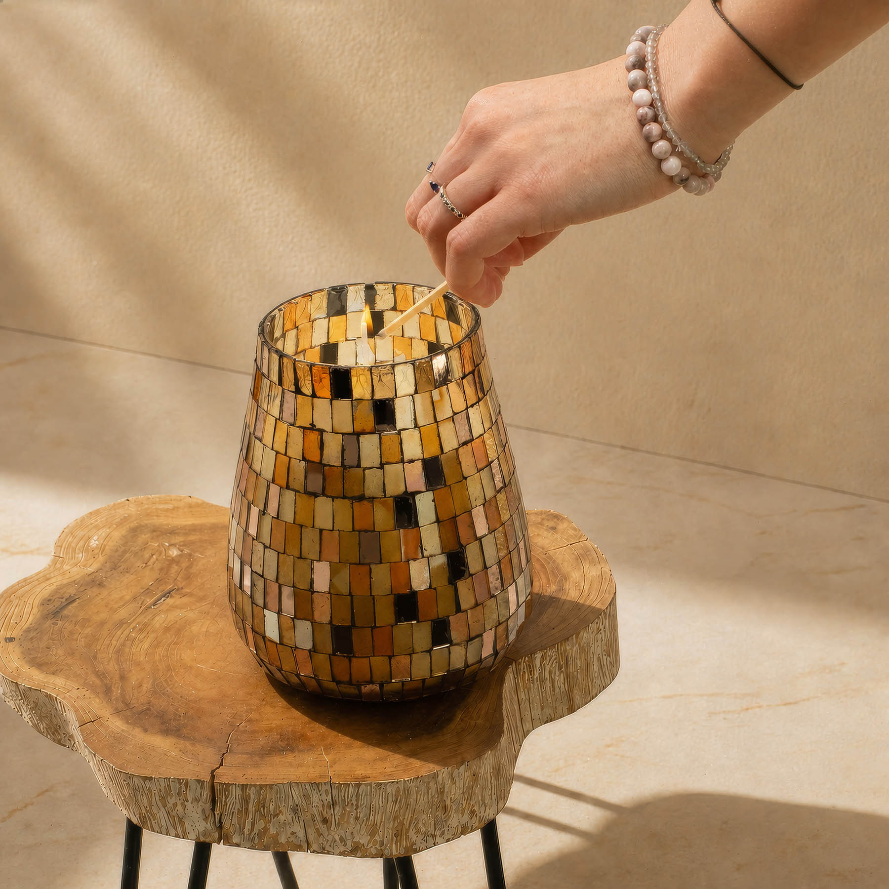 Tall Amber Mosaic Glass Jar Candle4