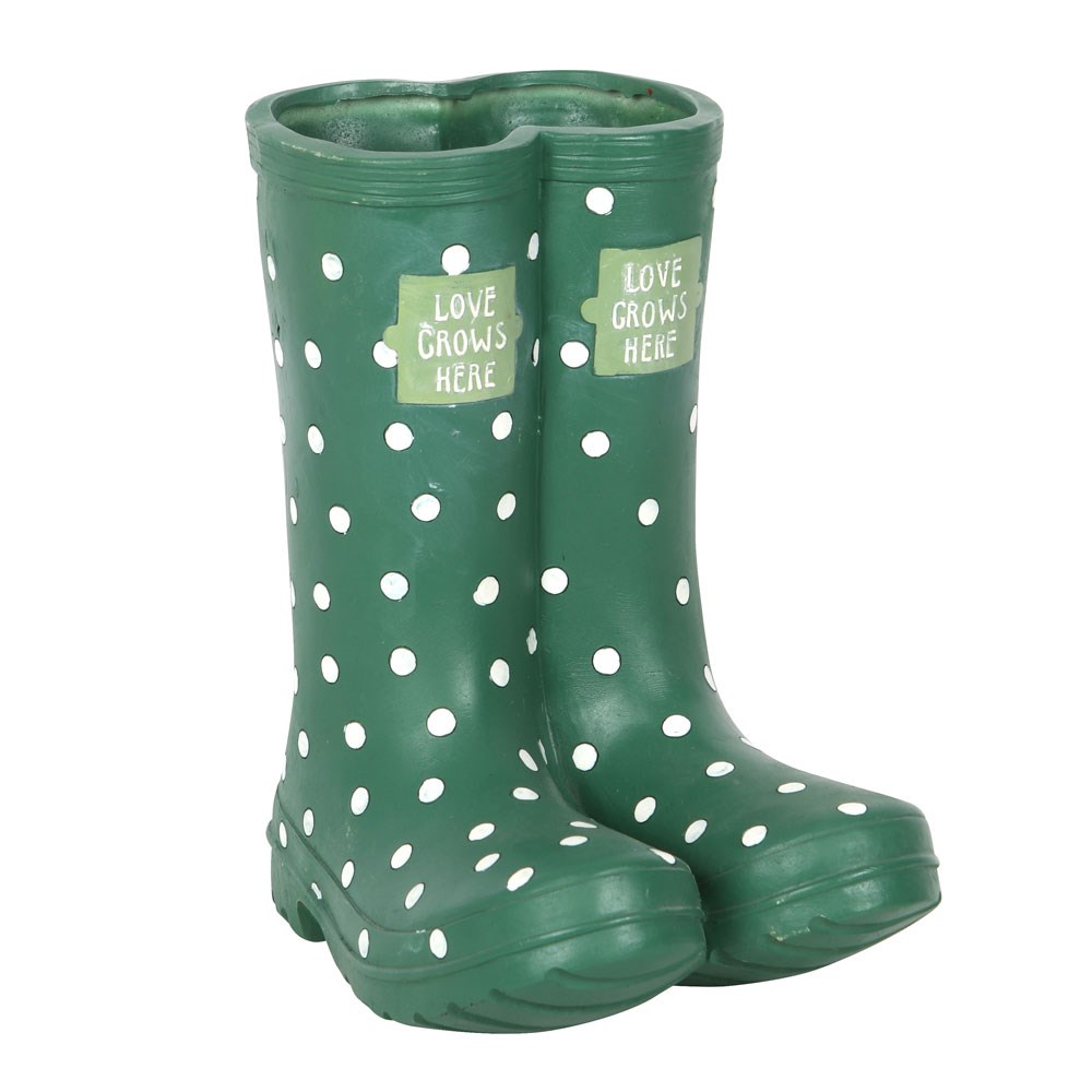 Dark Green Polka Dot Welly Boot Garden Flower Planter