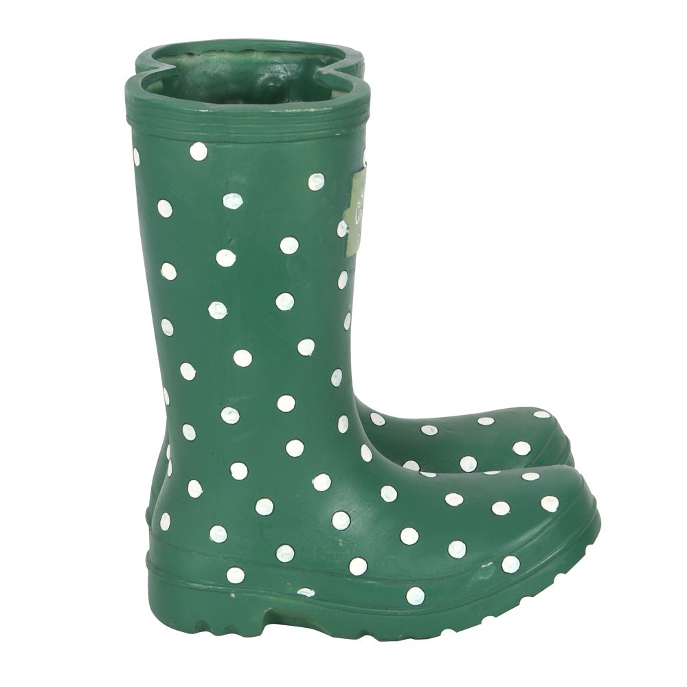 Dark Green Polka Dot Welly Boot Garden Flower Planter1