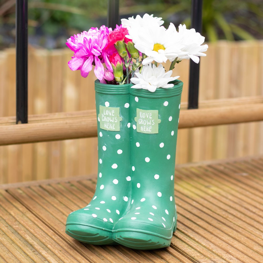 Dark Green Polka Dot Welly Boot Garden Flower Planter2