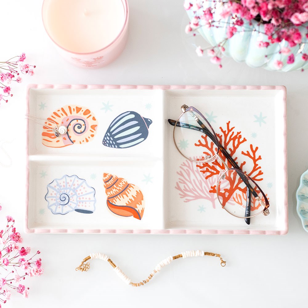 Pastel Shell & Coral 3-Section Ceramic Trinket Tray