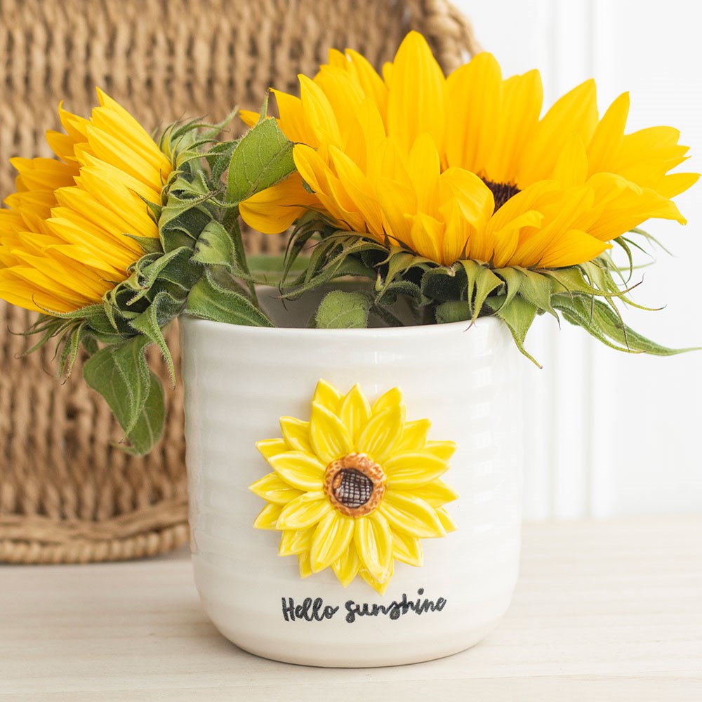 Hello Sunshine Ceramic Plant Pot with 3D Sunflower