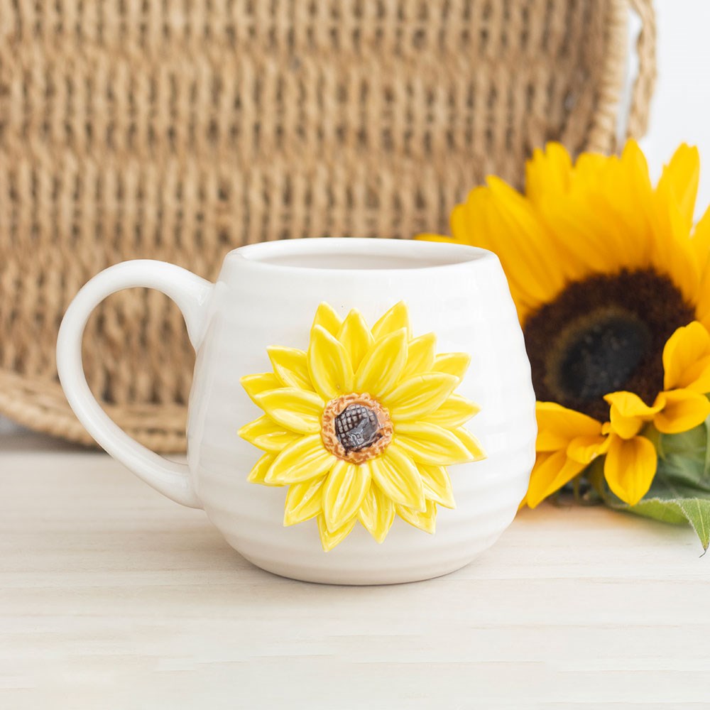 Hello Sunshine Ceramic Rounded Mug with 3D Sunflower