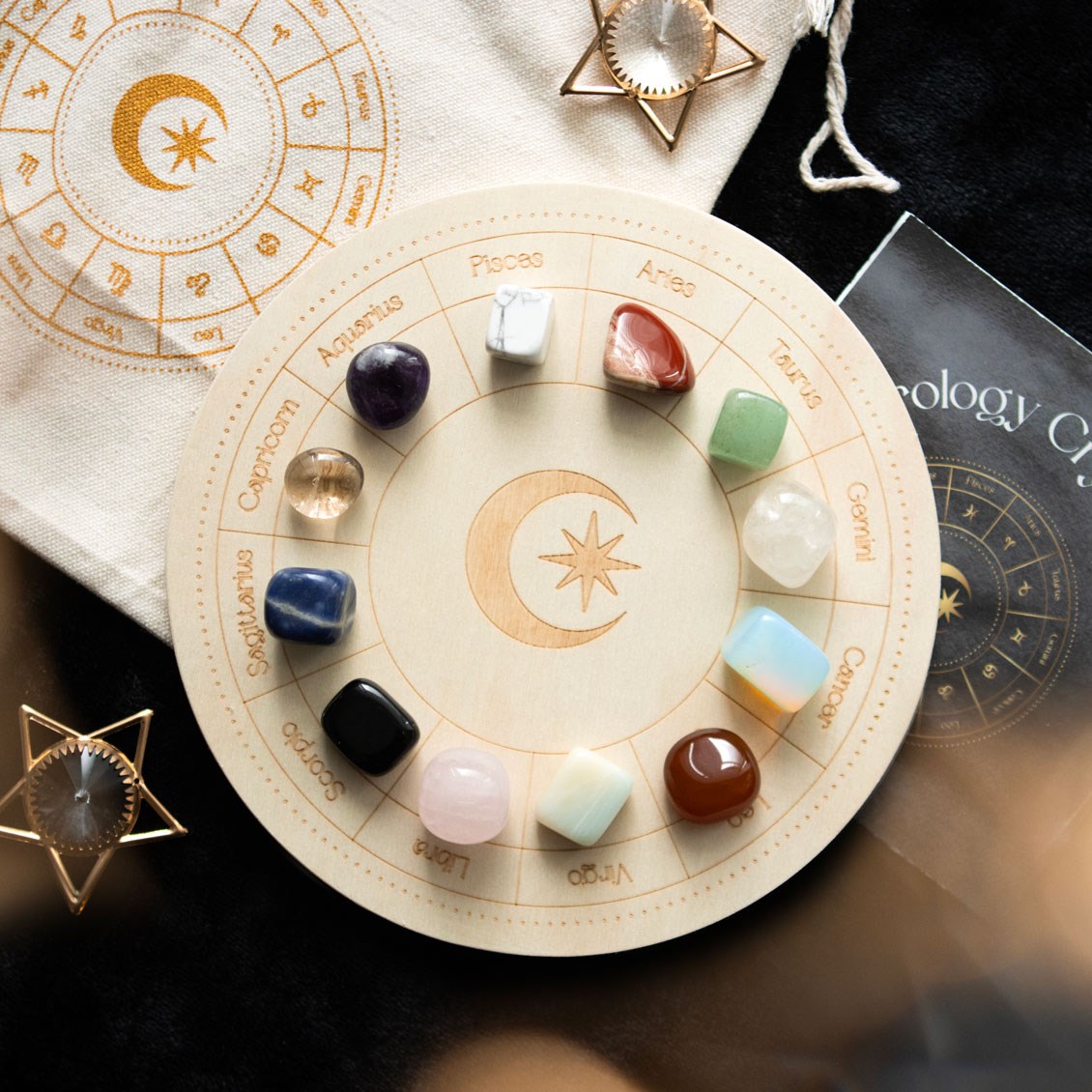 Astrology Crystal Grid Set with 12 Zodiac Gemstones & Wooden Board