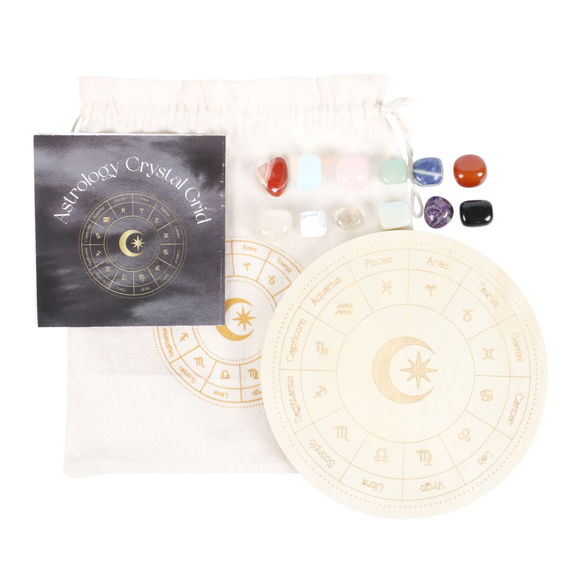 Astrology Crystal Grid Set with 12 Zodiac Gemstones & Wooden Board1