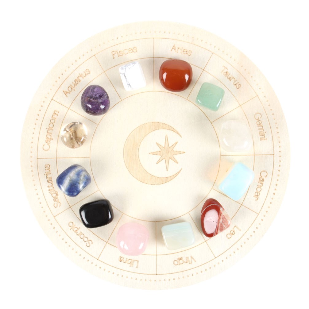 Astrology Crystal Grid Set with 12 Zodiac Gemstones & Wooden Board2