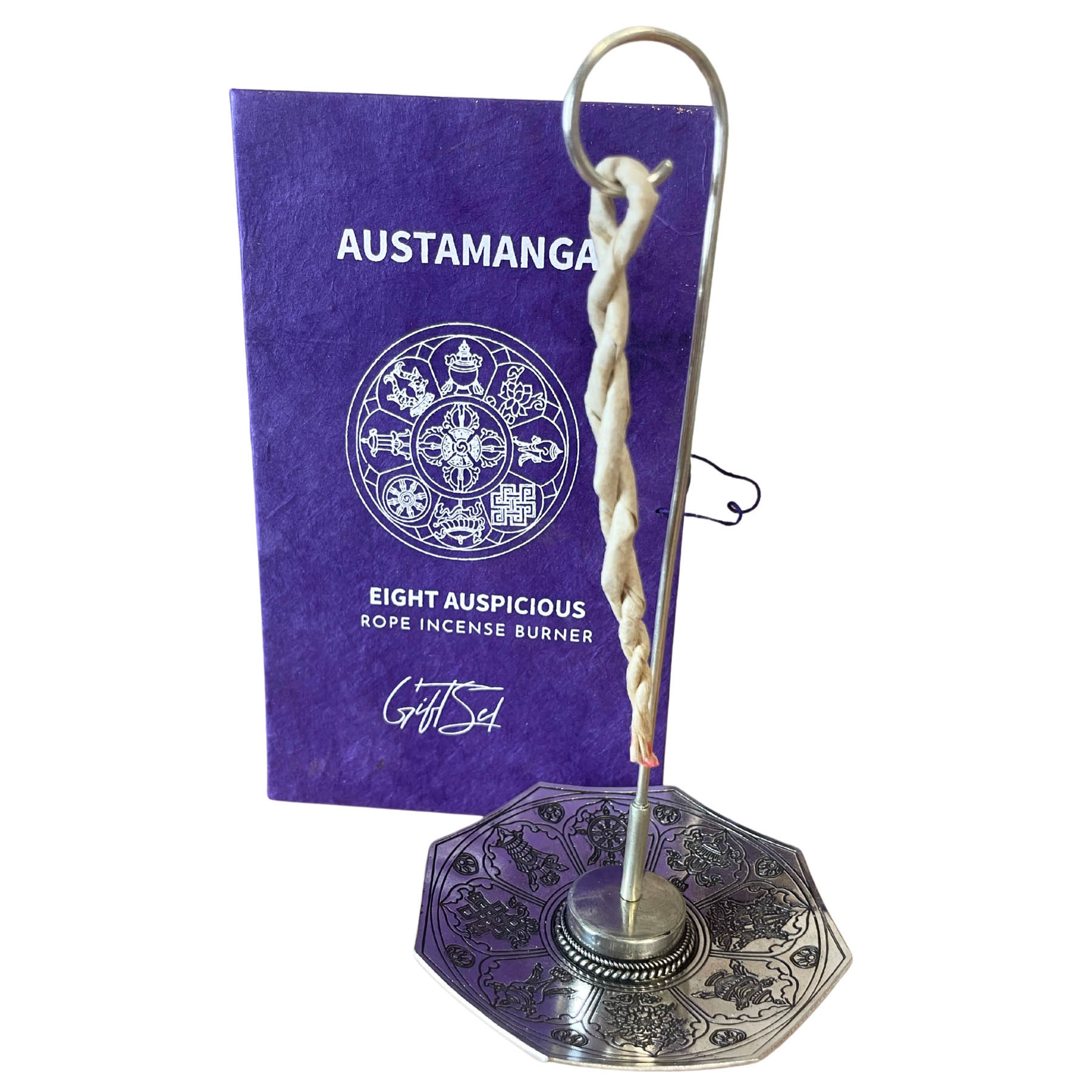 Austamangal Eight Auspicious Rope Incense Gift Set with Silver-Plated Holder