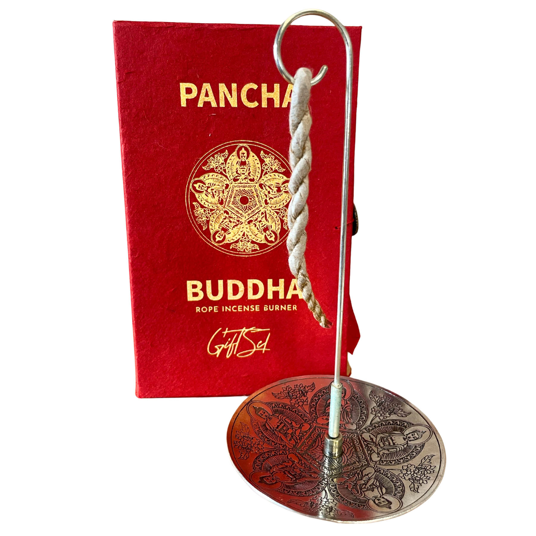 Pancha Buddha Rope Incense Gift Set with Silver-Plated Holder