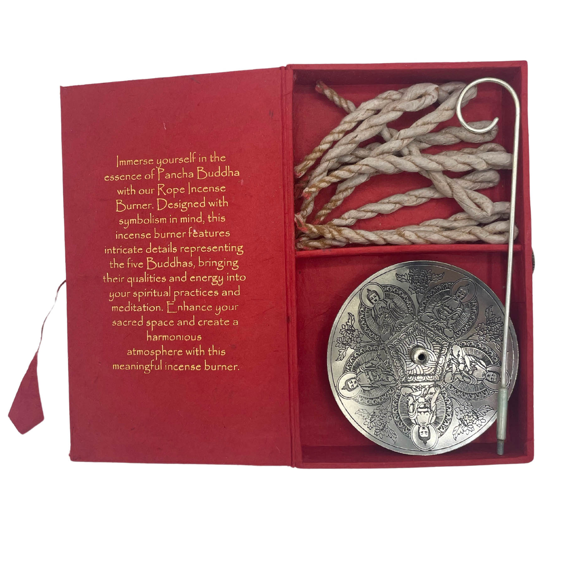Pancha Buddha Rope Incense Gift Set with Silver-Plated Holder2