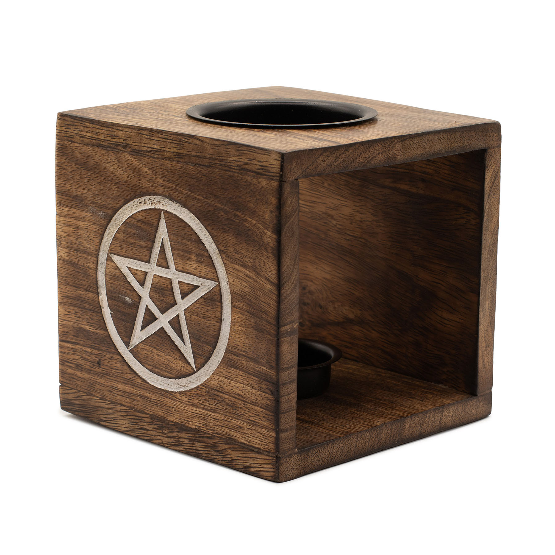Large Square Mango Wood Oil Burner – Pentagon Star (12.5cm)