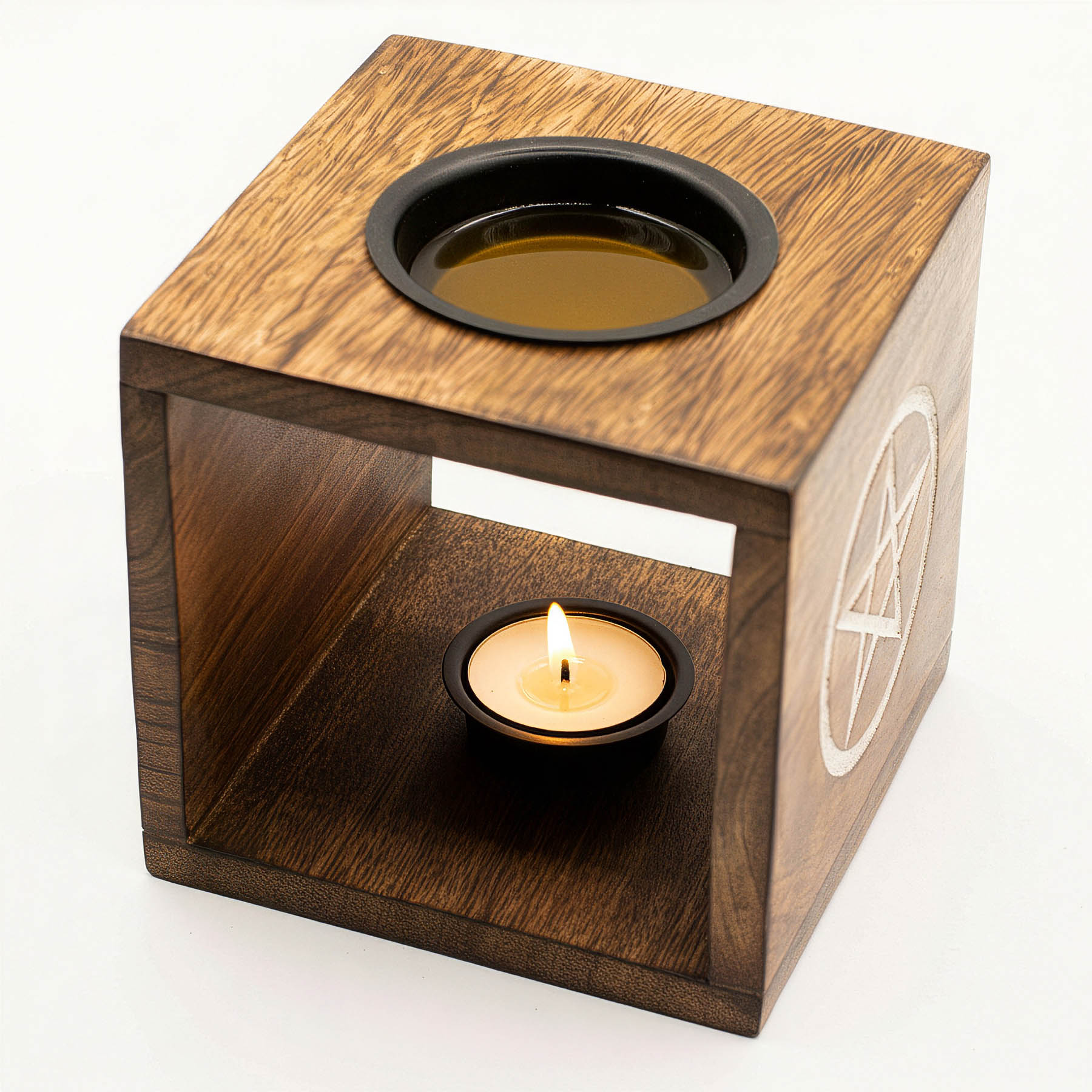 Large Square Mango Wood Oil Burner – Pentagon Star (12.5cm)3