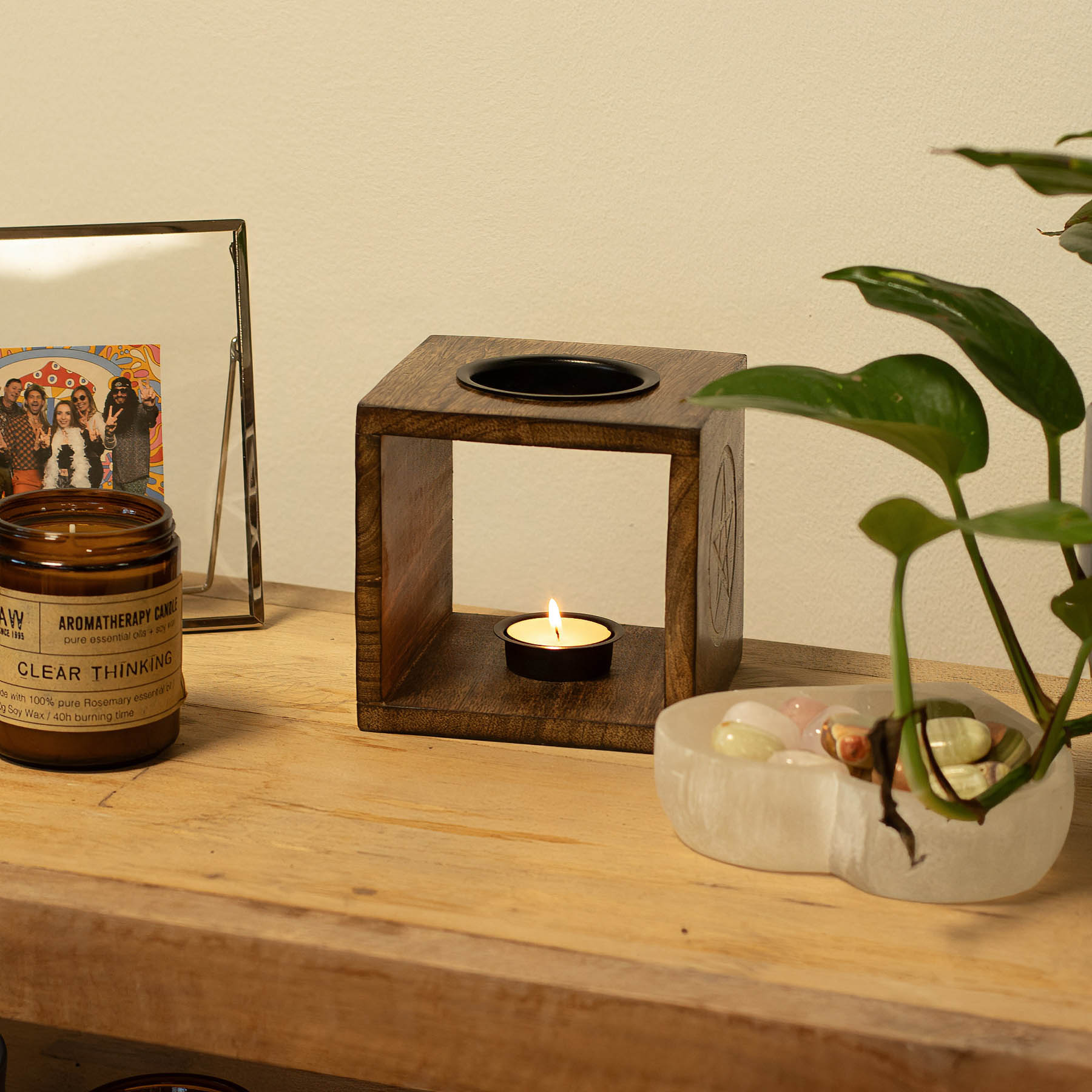 Large Square Mango Wood Oil Burner – Pentagon Star (12.5cm)4