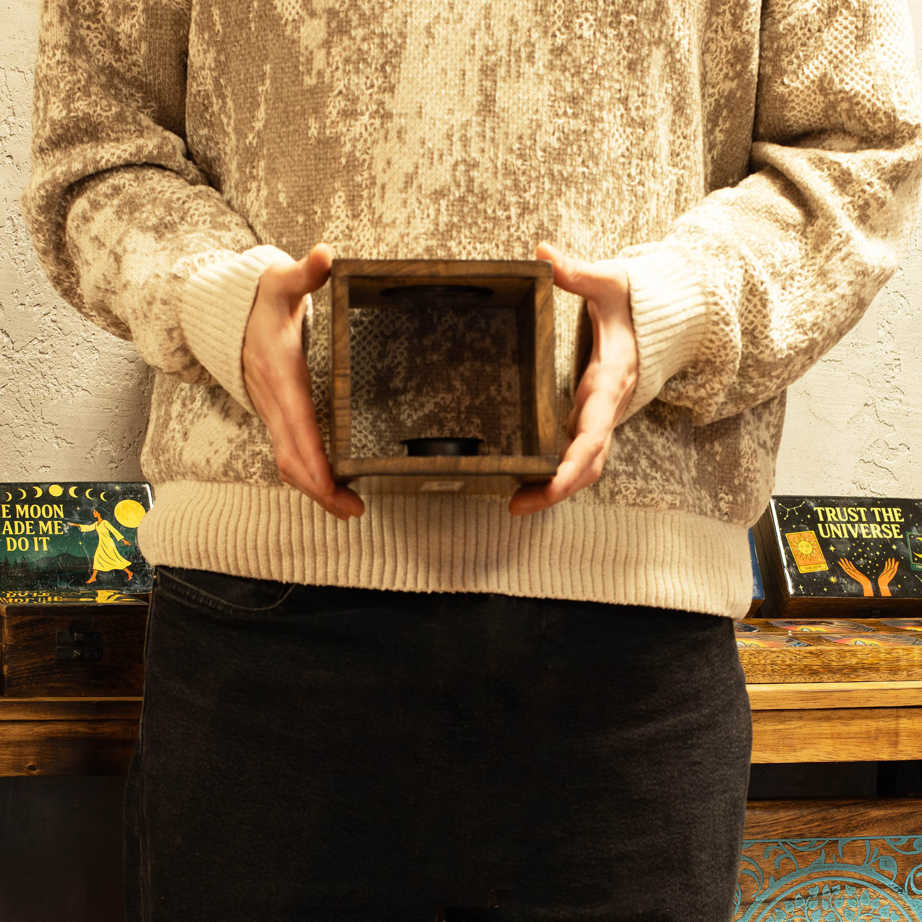 Large Square Mango Wood Oil Burner – Pentagon Star (12.5cm)6