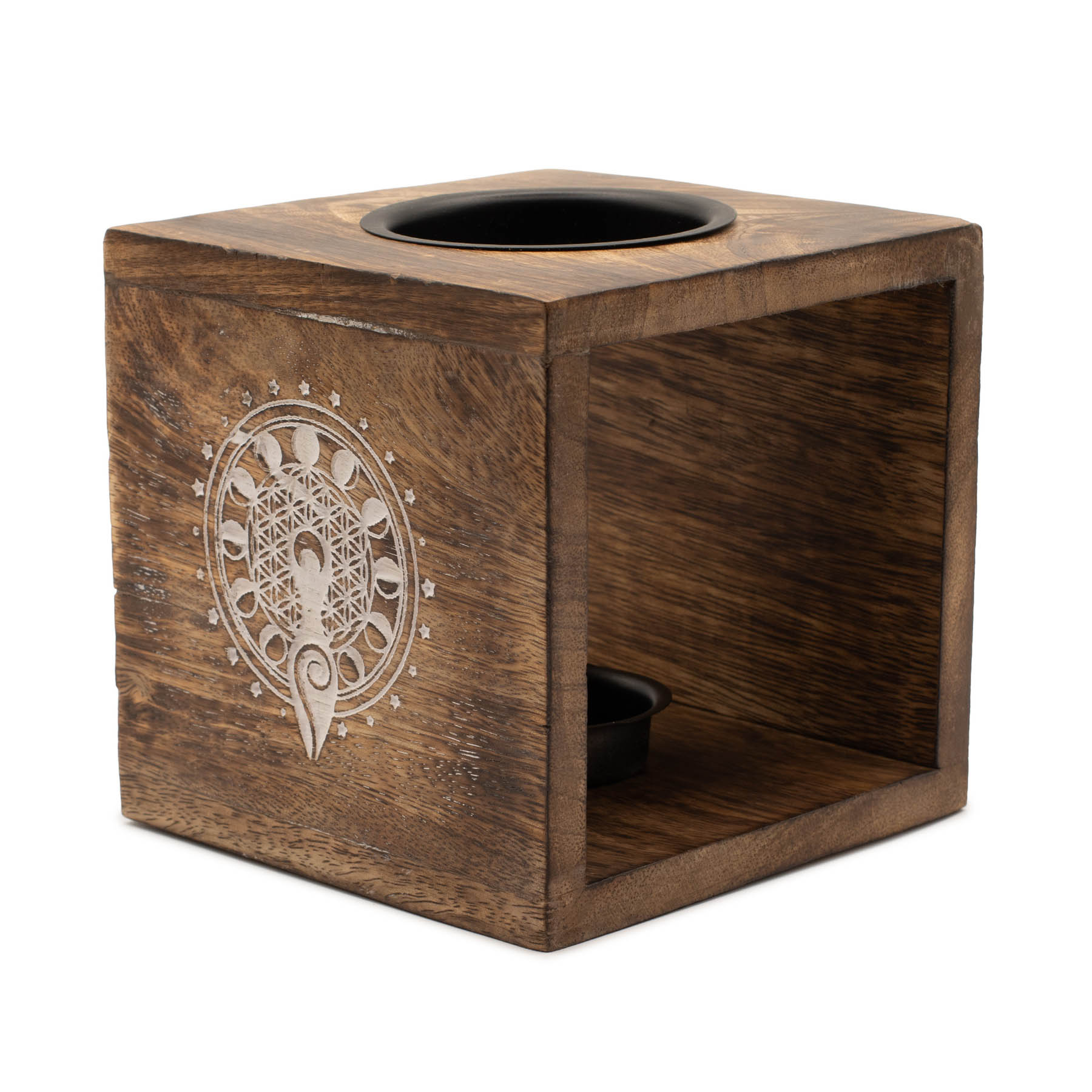 Large Square Mango Wood Oil Burner – Moon Goddess (12.5cm)