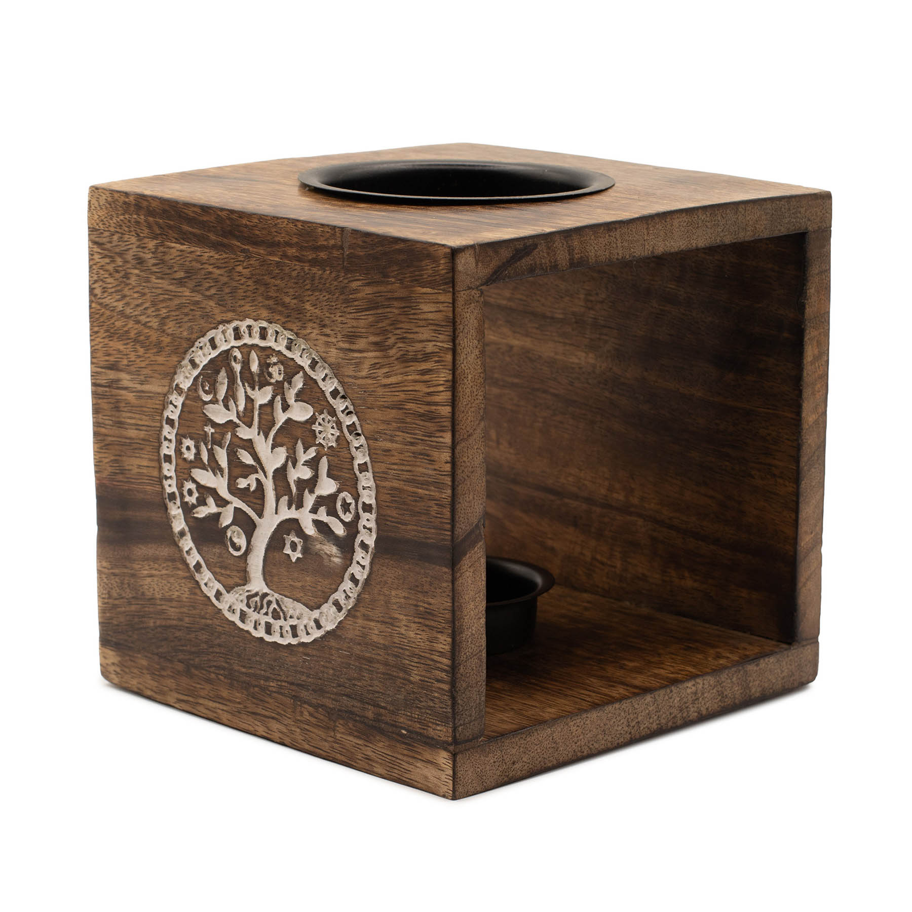 Large Square Mango Wood Oil Burner – Tree of Life (12.5cm)