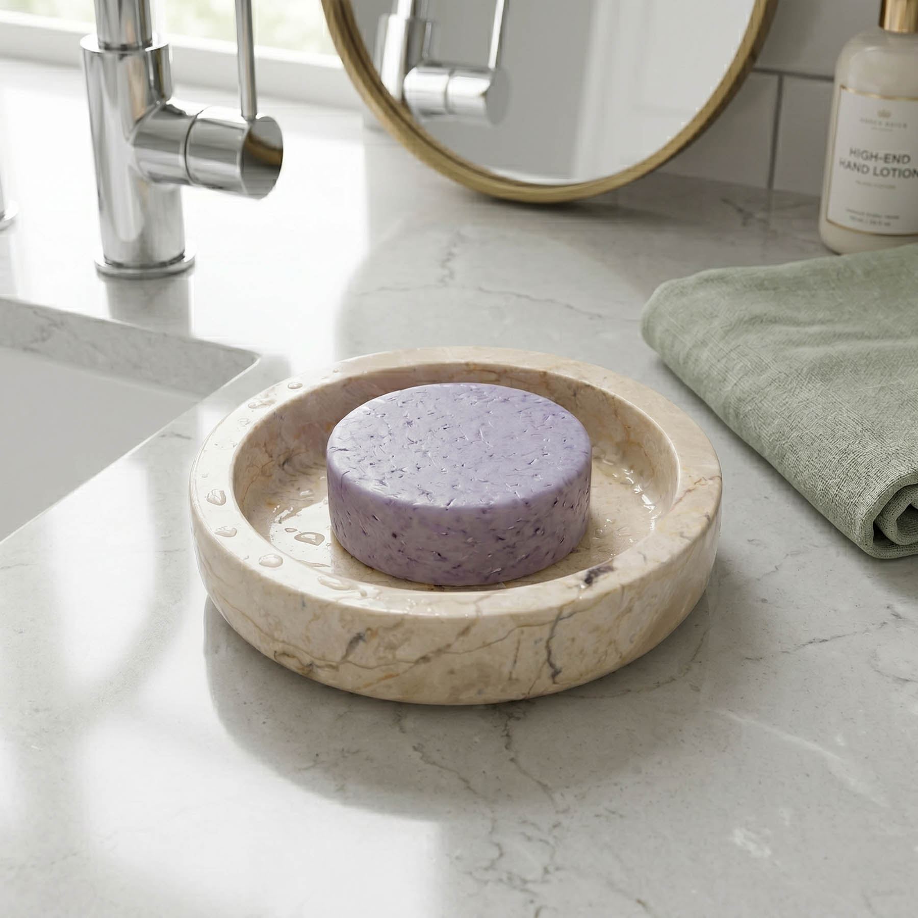 Natural Flat Round Honey Marble Soap Dish with Drainage2