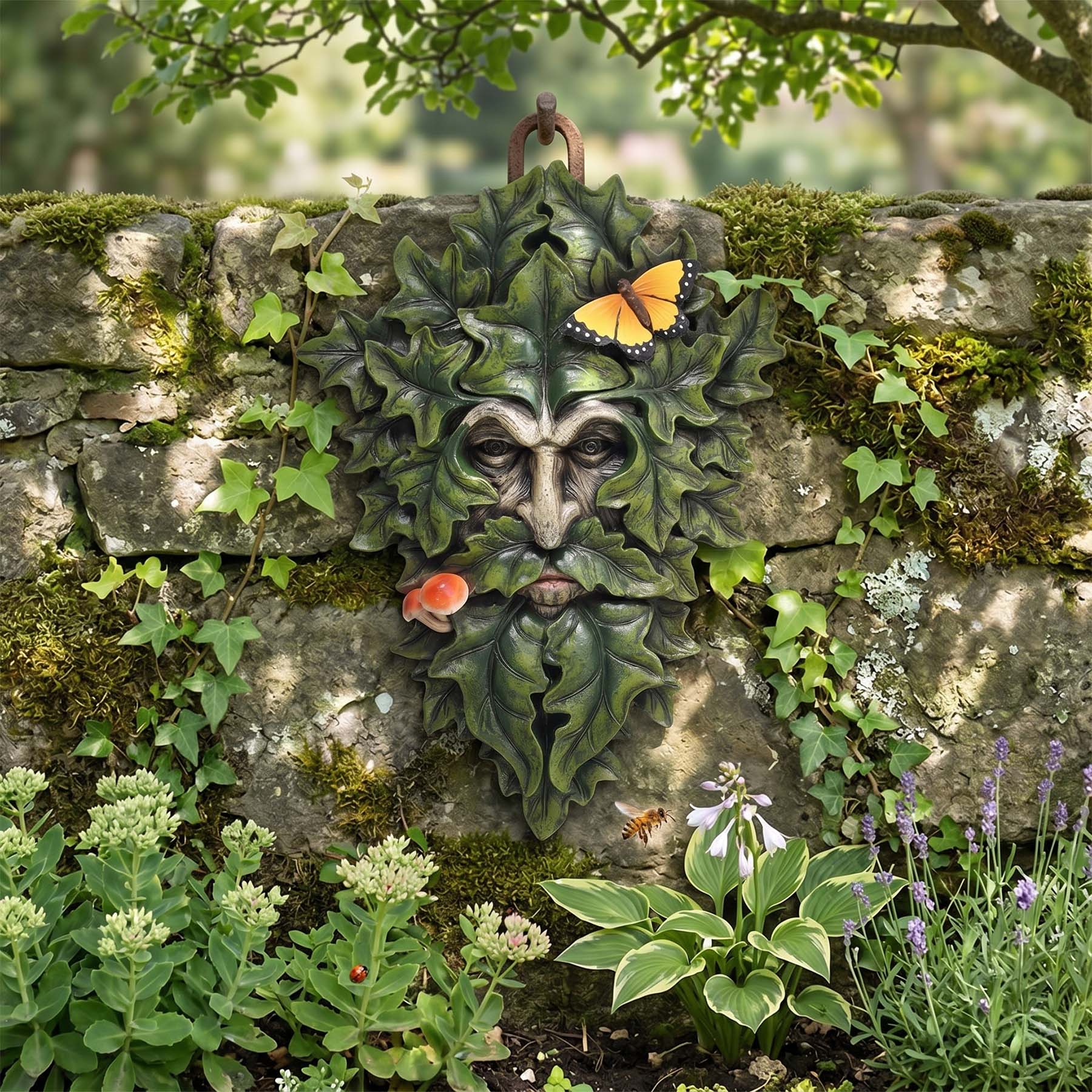 Leafy Green Man Wall Plaque with Butterfly & Toadstools (29cm)2