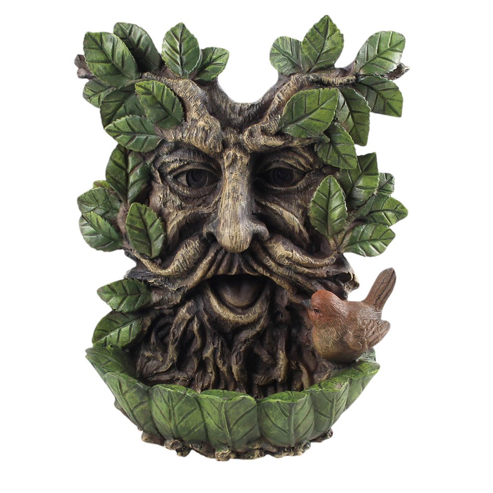 Green Man Resin Wall Bird Bath with Perched Bird (24.5cm)