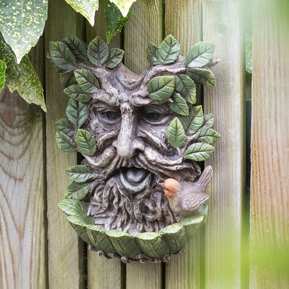 Green Man Resin Wall Bird Bath with Perched Bird (24.5cm)3
