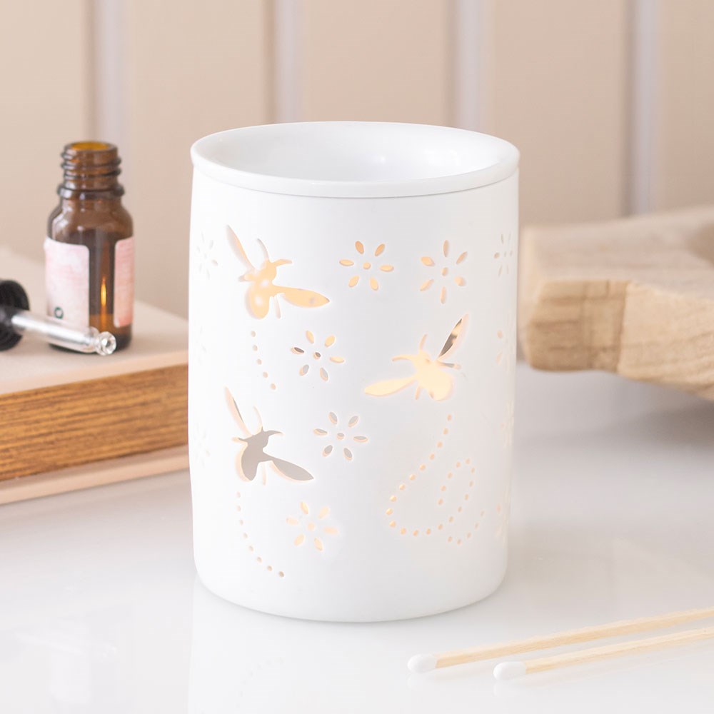 White Cut Out  Bee & Flower Oil Burner & Wax Warmer