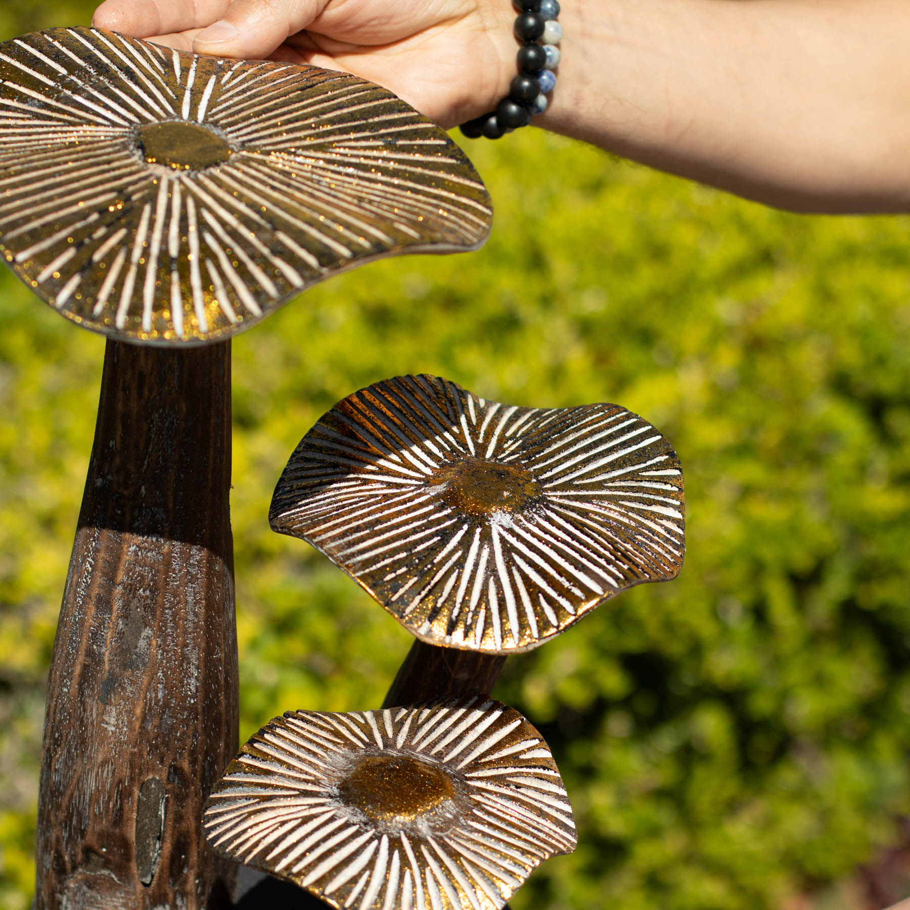 Large Natural Wooden Golden Mushroom Art (32x25cm)2
