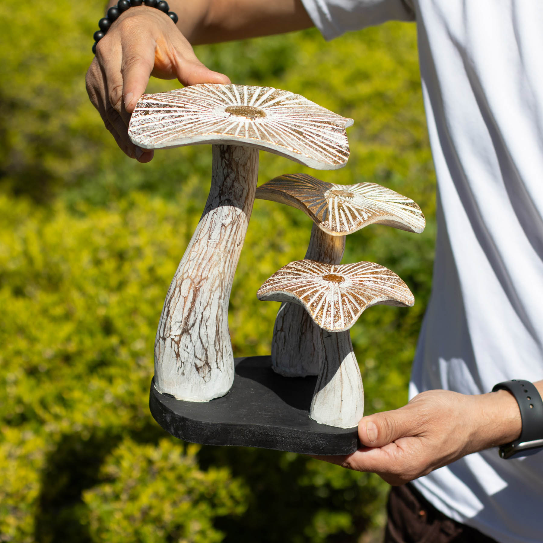 Medium Whitewash Wooden Golden Mushroom Art (25x25cm)1