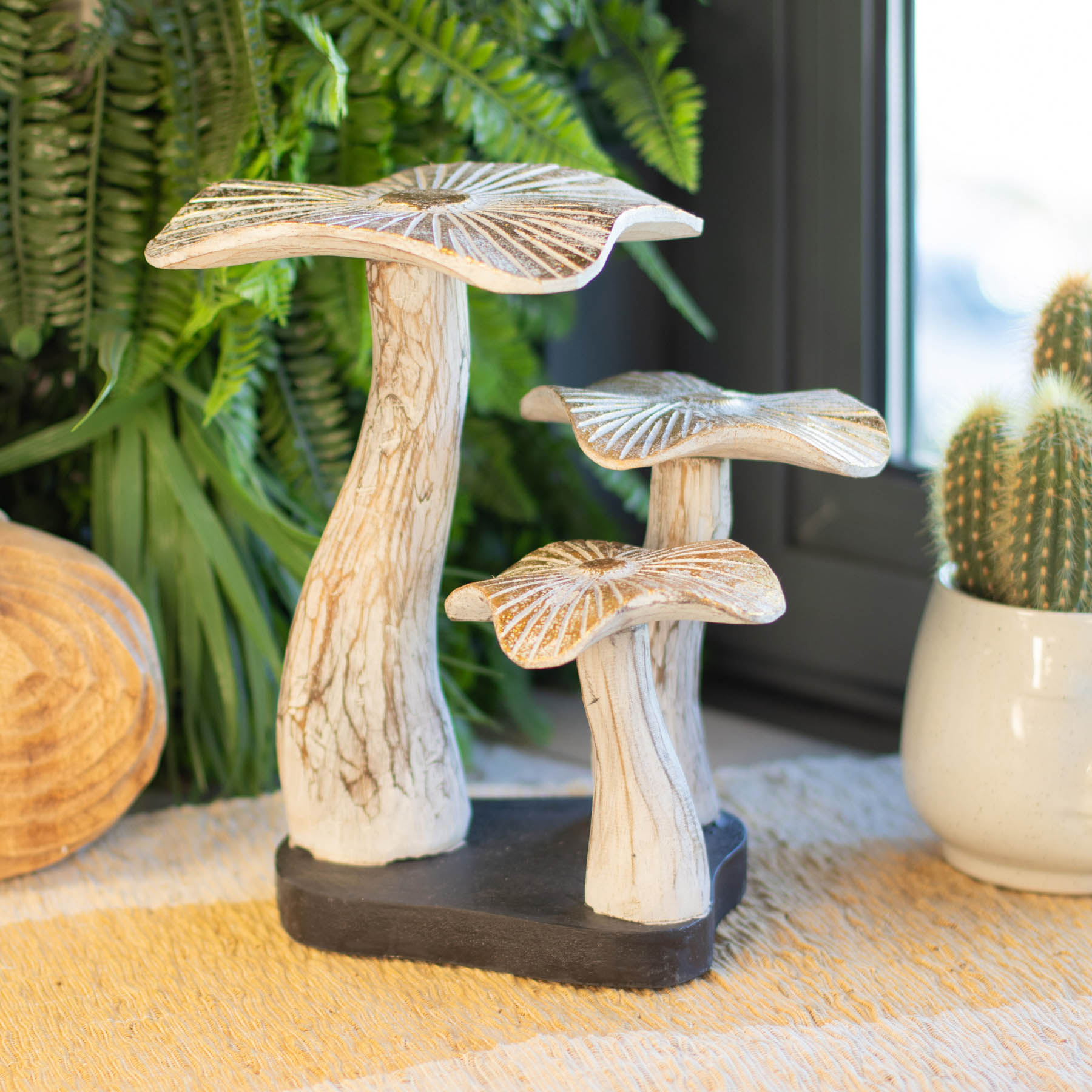 Medium Whitewash Wooden Golden Mushroom Art (25x25cm)3