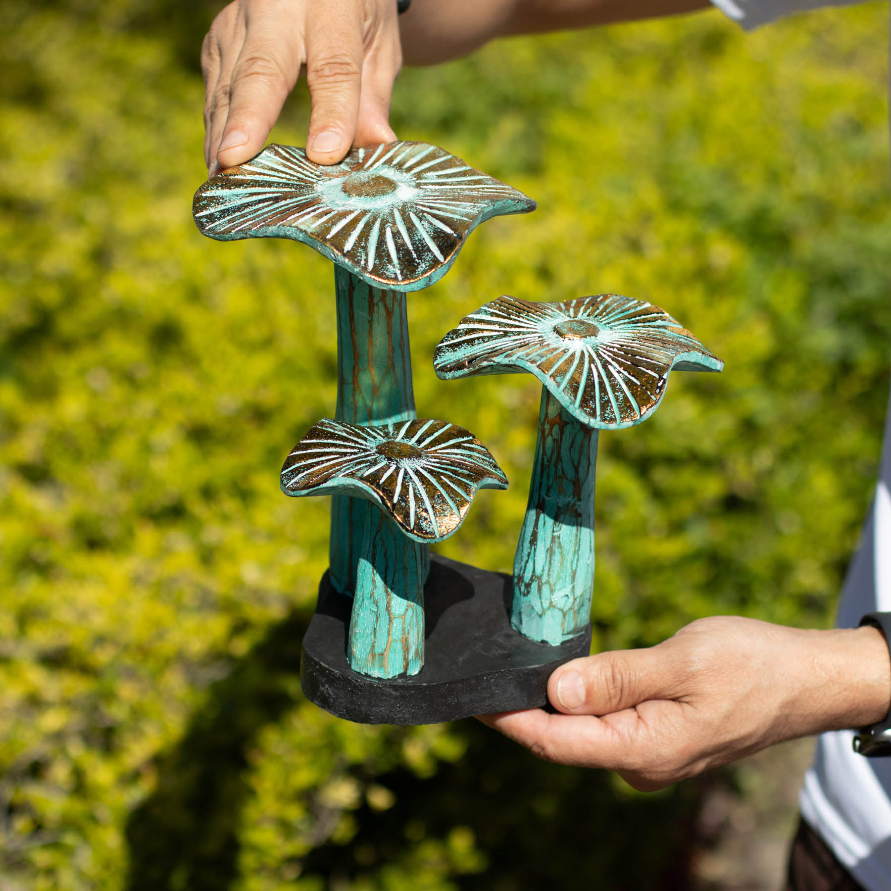Small Greenwash Wooden Golden Mushroom Art (20x17cm)1
