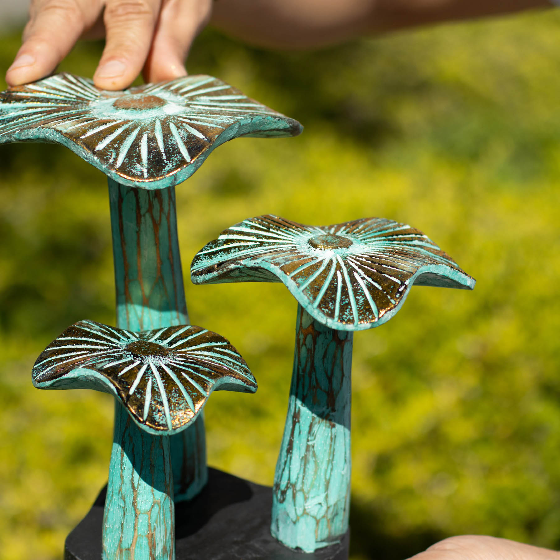 Small Greenwash Wooden Golden Mushroom Art (20x17cm)2