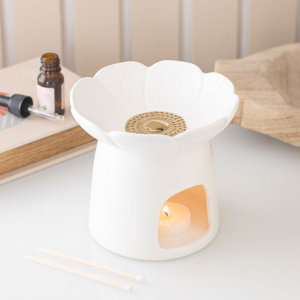 White Blooming Peony Ceramic Oil Burner & Wax Warmer
