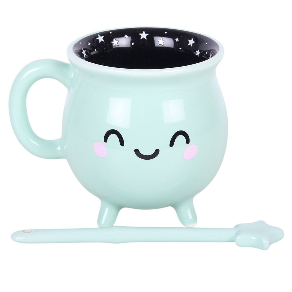 Mint Green Ceramic Cauldron Mug with Star Wand Stirrer1