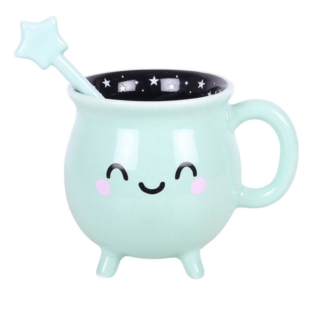Mint Green Ceramic Cauldron Mug with Star Wand Stirrer2